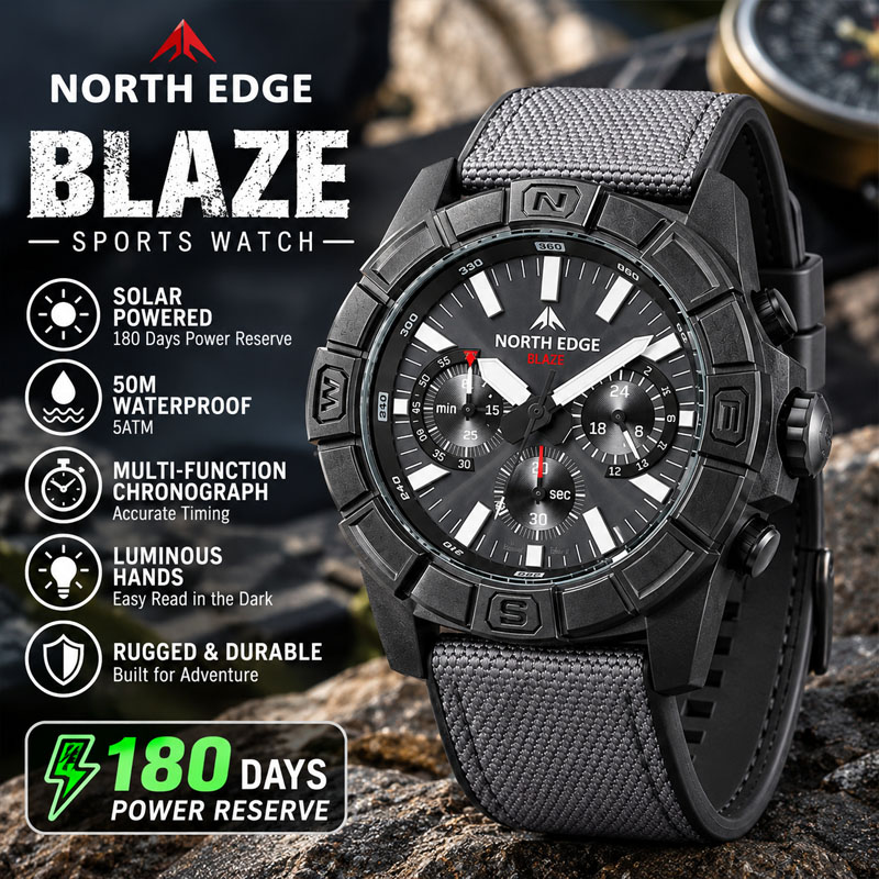 Solar Powered Watch - NORTH EDGE BLAZE – мужские часы
