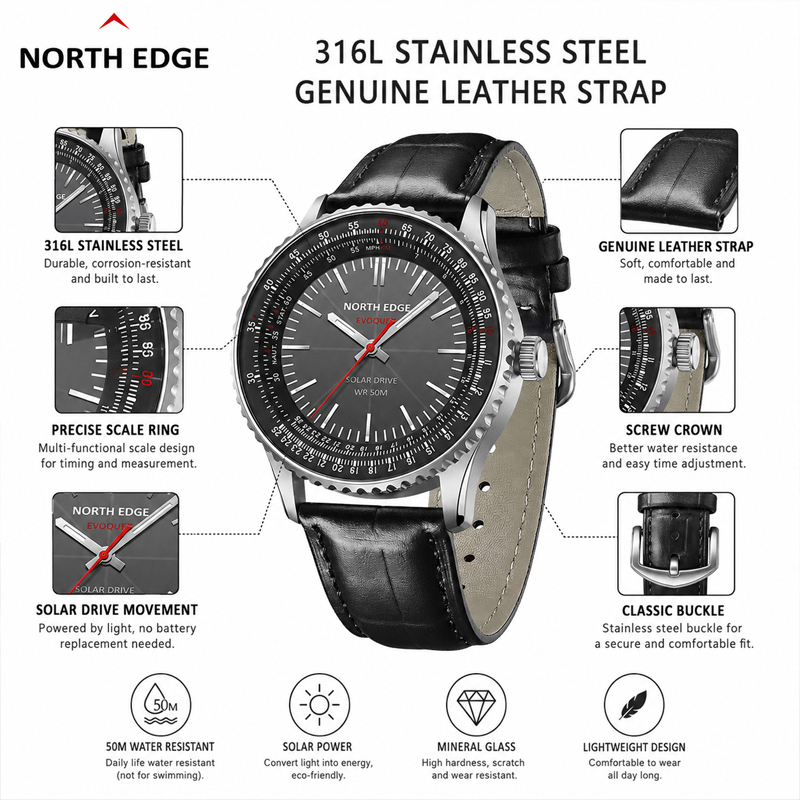 NORTH EDGE EVOQUE 3 – мужские  – обзор и цена Solar Powered Watch